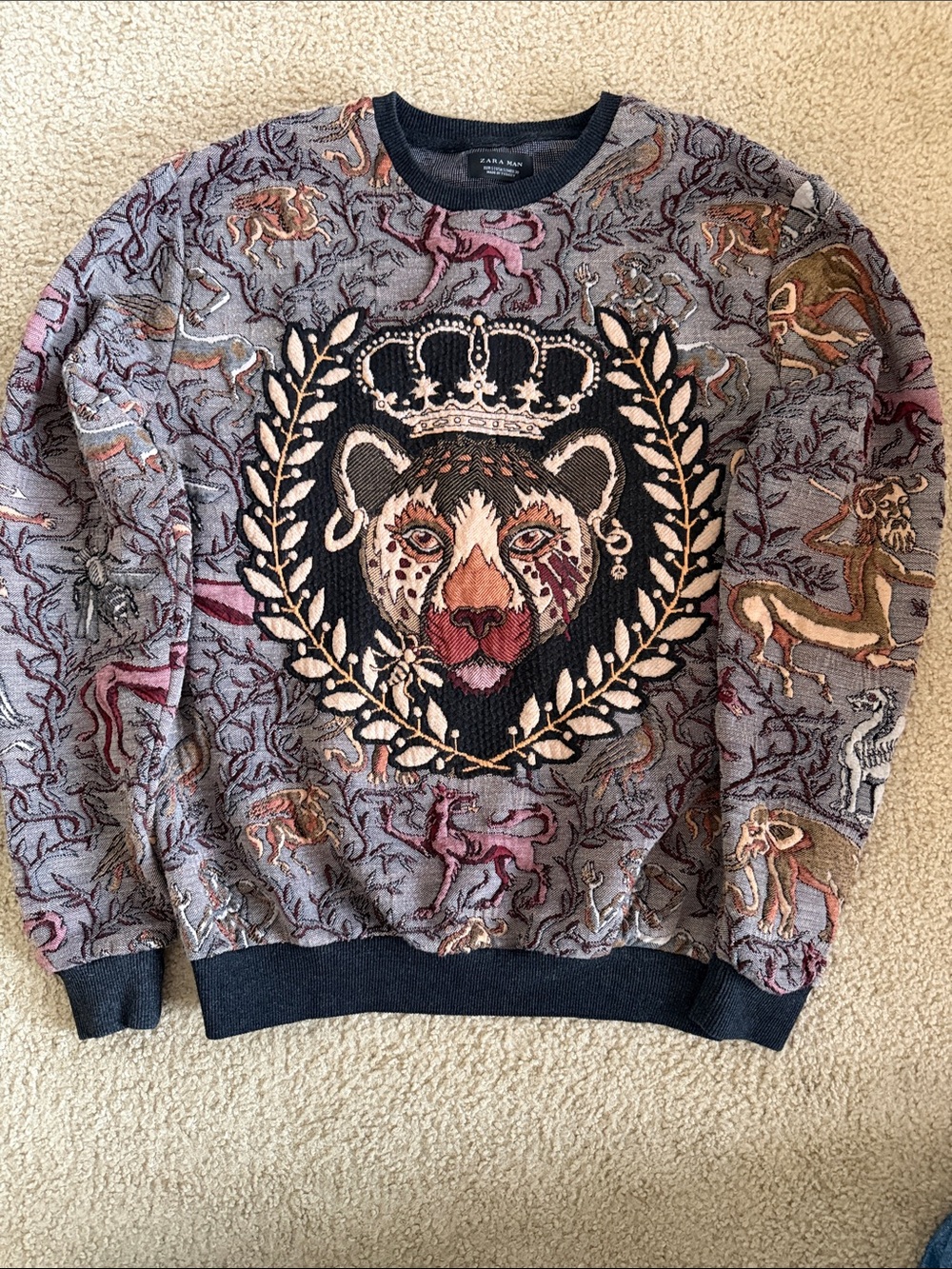 Zara Rare Multicolor Embroidered Lion Crewneck Sweater